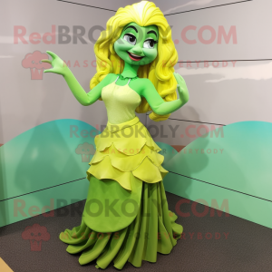 Lime Green Mermaid mascot costume character dressed with a Pleated Skirt and Belts