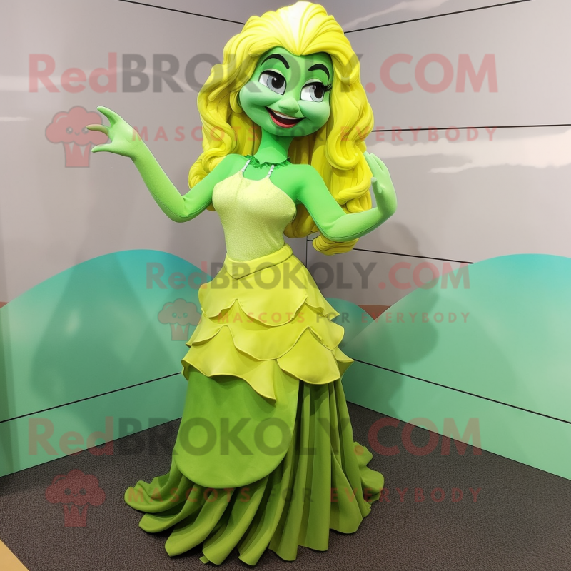 Lime Green Mermaid mascot costume character dressed with a Pleated Skirt and Belts Lime Green Mermaid mascot costume character dressed with a Pleated Skirt and Belts