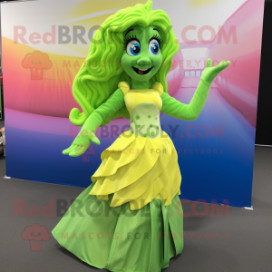 Lime Green Mermaid mascot costume character dressed with a Pleated Skirt and Belts