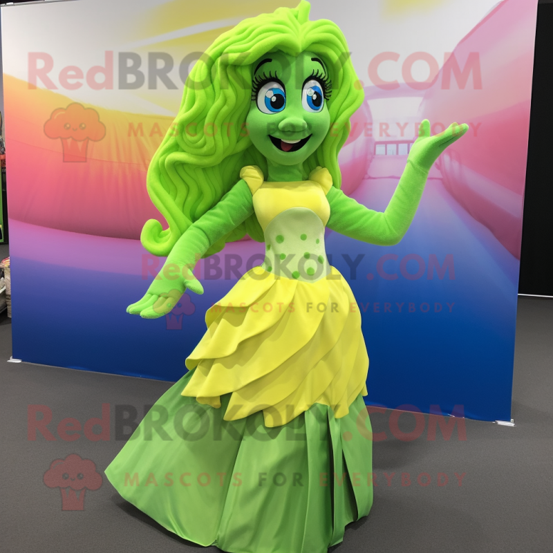 Lime Green Mermaid mascot costume character dressed with a Pleated Skirt and Belts Lime Green Mermaid mascot costume character dressed with a Pleated Skirt and Belts