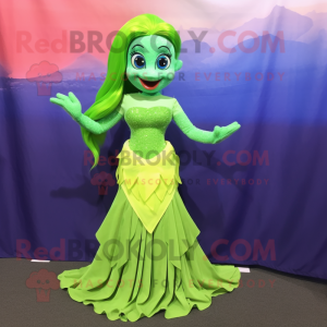 Lime Green Mermaid mascot costume character dressed with a Pleated Skirt and Belts