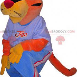 Mascota tigre naranja y amarillo con un traje azul -