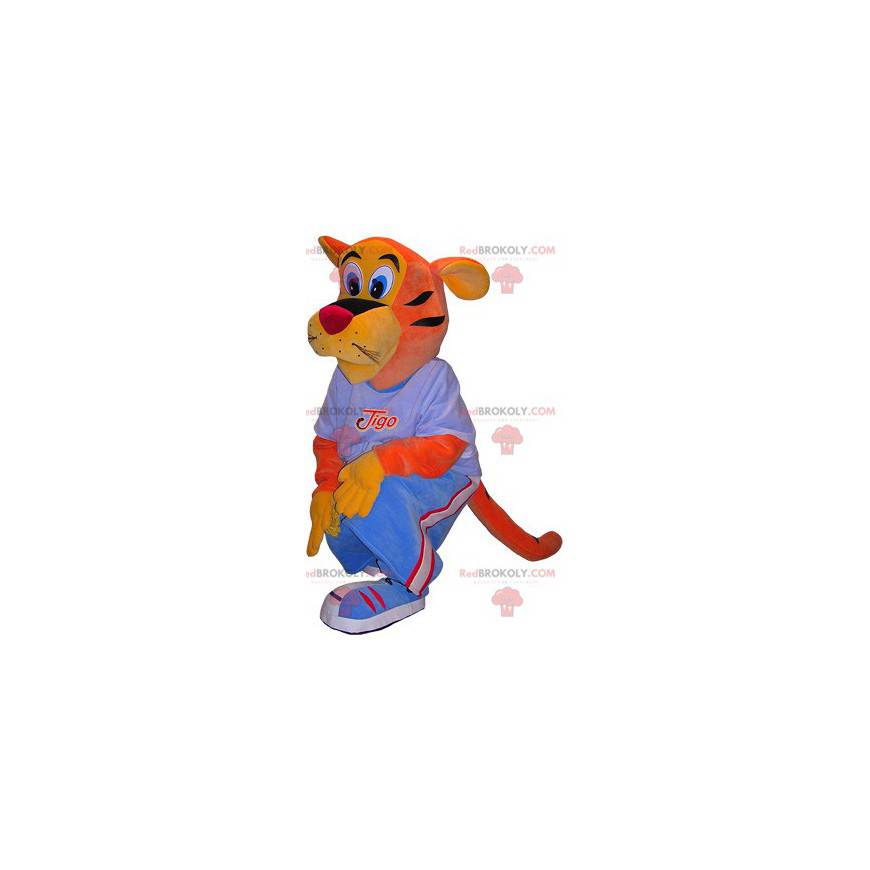 Mascota tigre naranja y amarillo con un traje azul -
