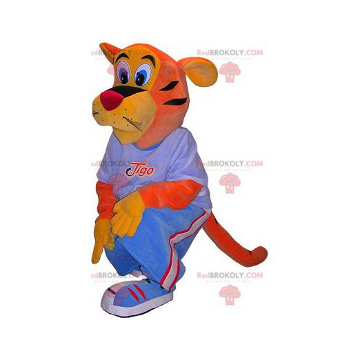Mascote tigre laranja e amarelo com uma roupa azul -