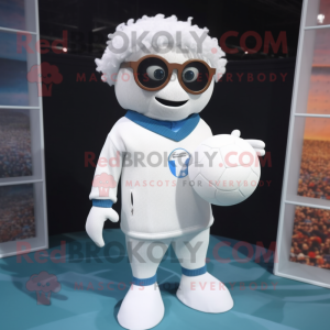 White Handball Ball mascot costume character dressed with a Sweater and Reading glasses