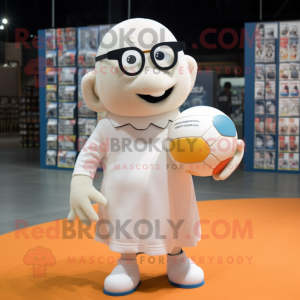 White Handball Ball mascot costume character dressed with a Sweater and Reading glasses