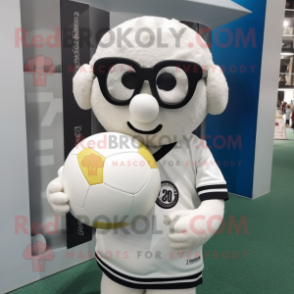 White Handball Ball mascot costume character dressed with a Sweater and Reading glasses