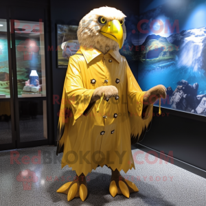 Gold Bald Eagle mascot costume character dressed with a Raincoat and Bow ties