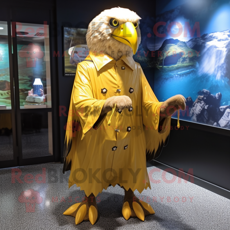Gold Bald Eagle mascot costume character dressed with a Raincoat and Bow ties Gold Bald Eagle mascot costume character dressed with a Raincoat and Bow ties