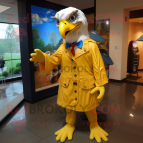 Gold Bald Eagle mascot costume character dressed with a Raincoat and Bow ties