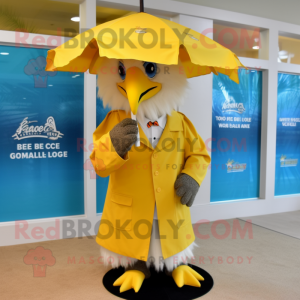 Gold Bald Eagle mascot costume character dressed with a Raincoat and Bow ties