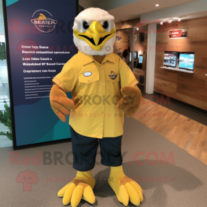 Gold Bald Eagle mascot costume character dressed with a Raincoat and Bow ties