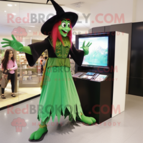 Forest Green Witch mascot costume character dressed with a Capri Pants and Watches