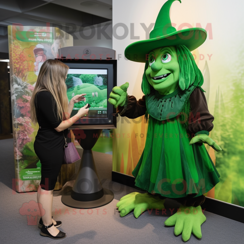 Forest Green Witch mascot costume character dressed with a Capri Pants and Watches