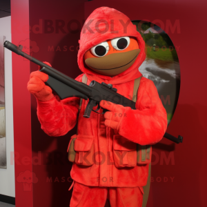 Red Sniper mascot costume character dressed with a Sweater and Caps