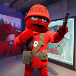 Red Sniper mascot costume character dressed with a Sweater and Caps