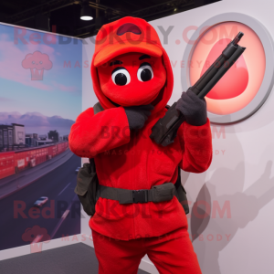 Red Sniper mascot costume character dressed with a Sweater and Caps