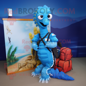 Blue Seahorse mascot costume character dressed with a Cargo Shorts and Wallets