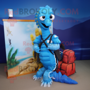 Blue Seahorse mascot costume character dressed with a Cargo Shorts and Wallets