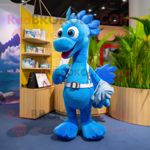 Blue Seahorse mascot costume character dressed with a Cargo Shorts and Wallets