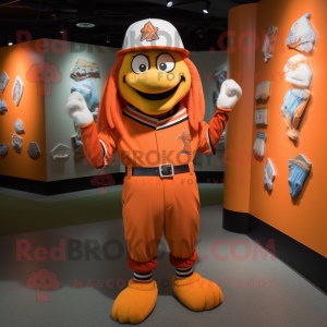 Orange Wizard mascot costume character dressed with a Baseball Tee and Belts