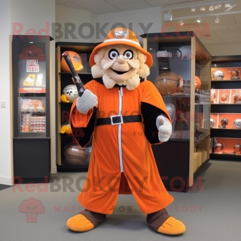 Orange Wizard mascot costume character dressed with a Baseball Tee and Belts Orange Wizard mascot costume character dressed with a Baseball Tee and Belts