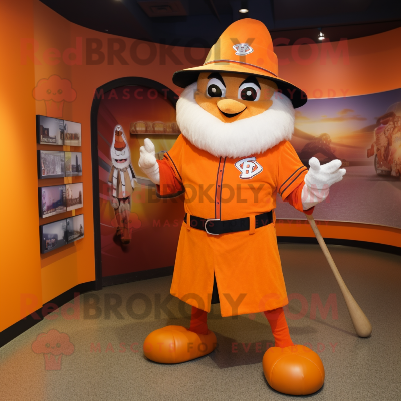 Orange Wizard mascot costume character dressed with a Baseball Tee and Belts