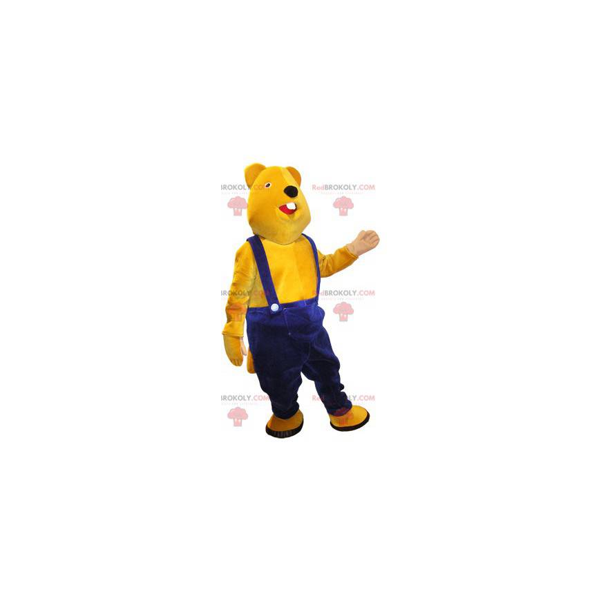 Yellow teddy bear mascot with blue overalls - Redbrokoly.com