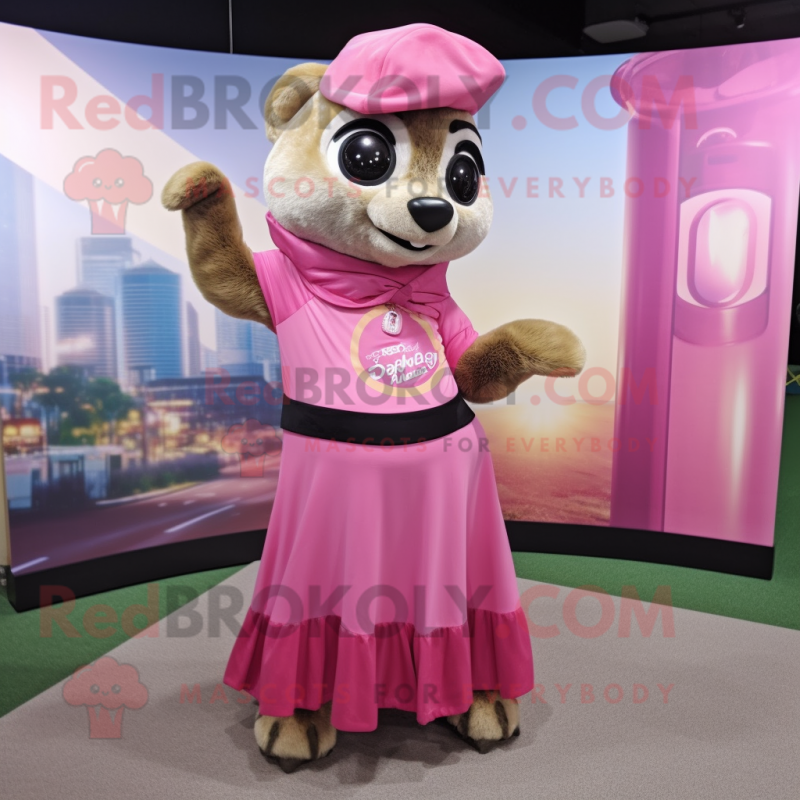 Pink Meerkat mascot costume character dressed with a Maxi Skirt and Gloves