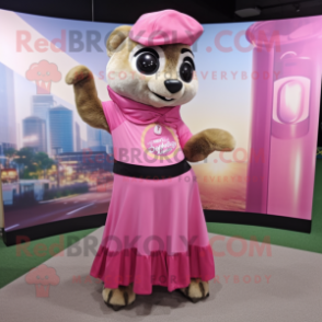 Pink Meerkat mascot costume character dressed with a Maxi Skirt and Gloves