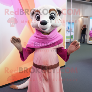 Pink Meerkat mascot costume character dressed with a Maxi Skirt and Gloves