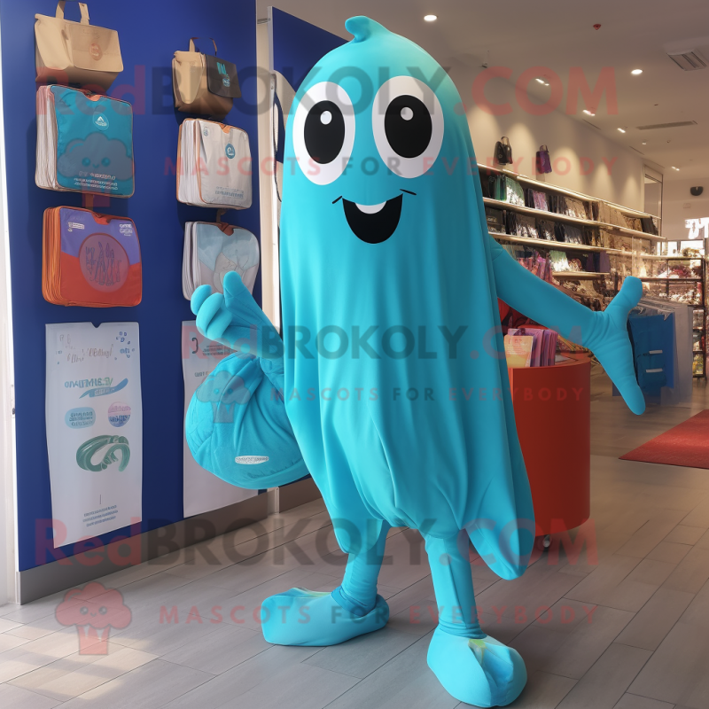 Turquoise Ghost mascot costume character dressed with a One-Piece Swimsuit and Tote bags