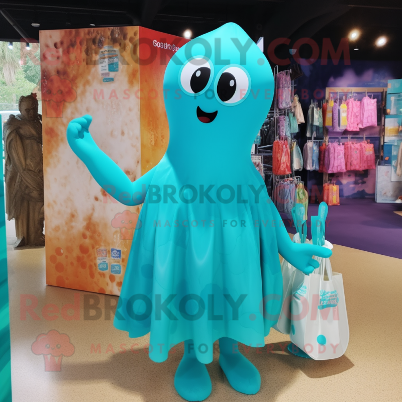 Turquoise Ghost mascot costume character dressed with a One-Piece Swimsuit and Tote bags