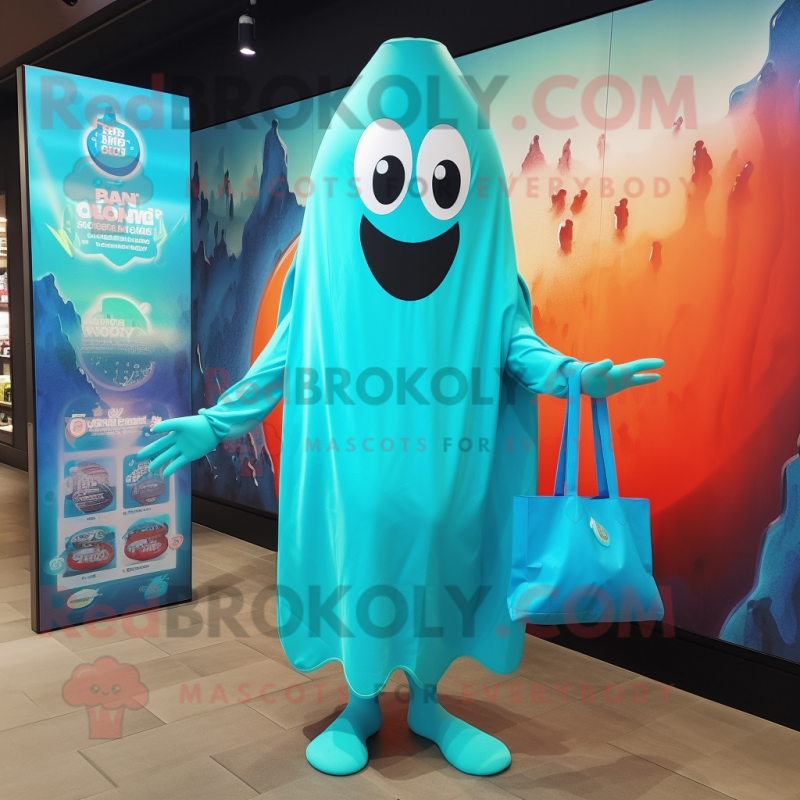 Turquoise Ghost mascot costume character dressed with a One-Piece Swimsuit and Tote bags Turquoise Ghost mascot costume character dressed with a One-Piece Swimsuit and Tote bags