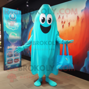 Turquoise Ghost mascot costume character dressed with a One-Piece Swimsuit and Tote bags