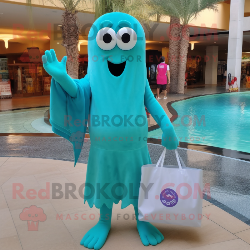 Turquoise Ghost mascot costume character dressed with a One-Piece Swimsuit and Tote bags Turquoise Ghost mascot costume character dressed with a One-Piece Swimsuit and Tote bags