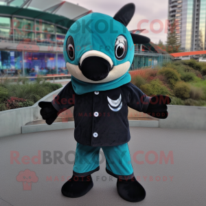 Teal Killer Whale mascot costume character dressed with a Corduroy Pants and Scarves