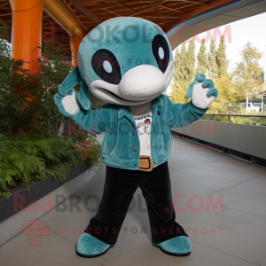 Teal Killer Whale mascot costume character dressed with a Corduroy Pants and Scarves