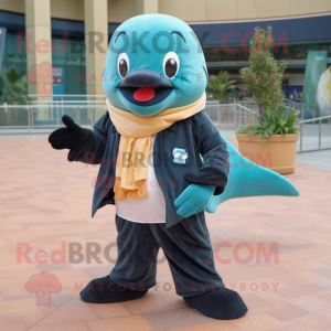 Teal Killer Whale mascot costume character dressed with a Corduroy Pants and Scarves