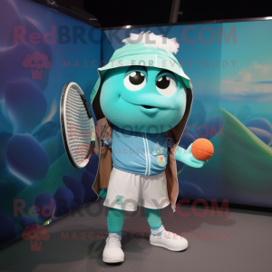 Teal Tennis Racket mascot costume character dressed with a Button-Up Shirt and Shawls