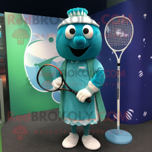 Teal Tennis Racket mascot costume character dressed with a Button-Up Shirt and Shawls