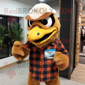 Brown Eagle mascot costume character dressed with a Flannel Shirt and Scarves