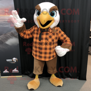 Brown Eagle mascot costume character dressed with a Flannel Shirt and Scarves