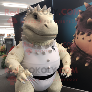White Ankylosaurus mascot costume character dressed with a Tank Top and Earrings
