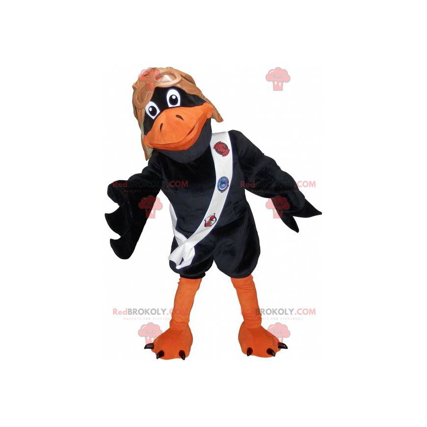 Mascote corvo preto e laranja com capacete de piloto -