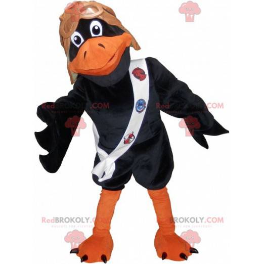 Mascote corvo preto e laranja com capacete de piloto -