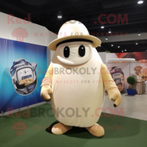 Cream American Football Helmet mascot costume character dressed with a Maxi Dress and Hats