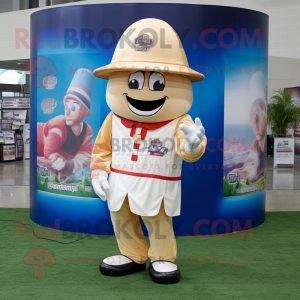 Cream American Football Helmet mascot costume character dressed with a Maxi Dress and Hats