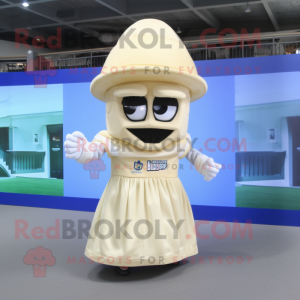 Cream American Football Helmet mascot costume character dressed with a Maxi Dress and Hats