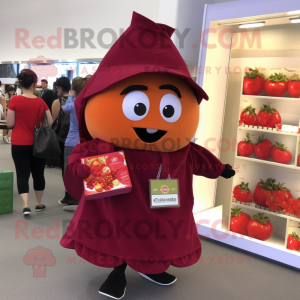 Maroon Tomato mascot costume character dressed with a Wrap Dress and Backpacks